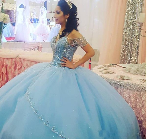 

light sky blue ball quinceanera dresses 2020 cap sleeves spaghetti beading crystal princess prom dresses for sweet 16-year-old prom gowns, Blue;red