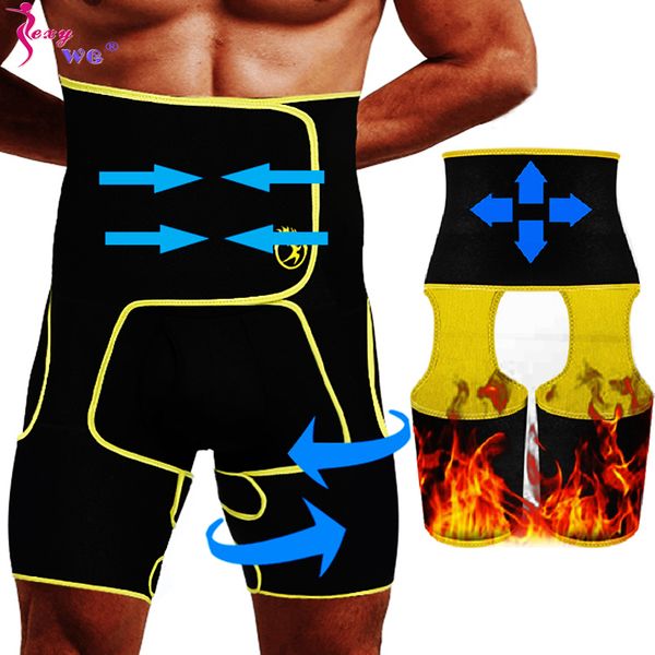 

sexywg men high waist trainer thigh trimmer lift bulifter 3 in 1 body shaper waist support belt neoprene shapewear leg shaper, Black;gray