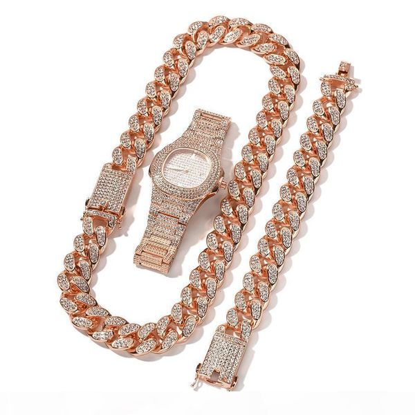 

3pcs mens hip hop iced out bling chain necklace bracelets diamond watch cuban link chains necklaces hiphop jewelry, Silver