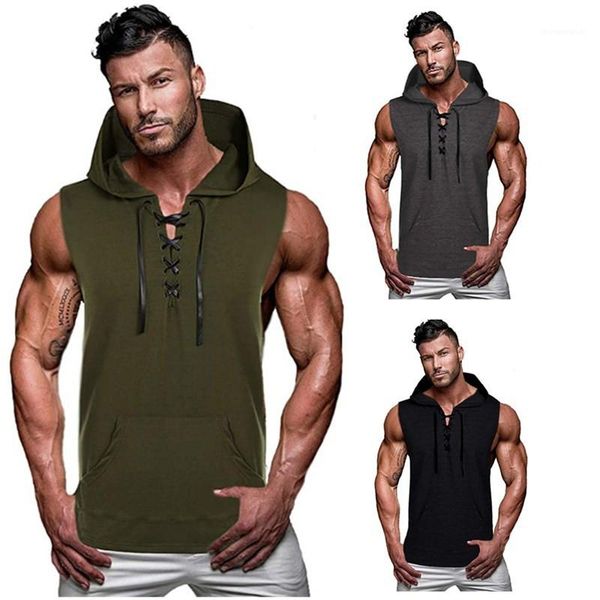 

sport streetwear mens designer summer tees drawstring t shirts summer hooded mens tshirts solid color sleeveless vest casual, White;black