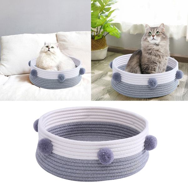 

round cat bed basket nest cotton rope woven pet sleeping bed house nesting rest