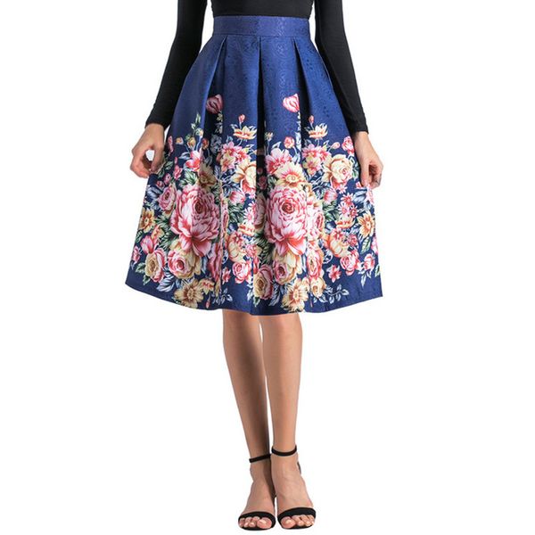 

fanco ladies jacquard flower print pleated ball gown skater midi skirts womens vintage floral high waist saias, Black