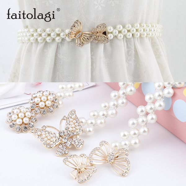 

fashion pearl belts for women dresses elastic buckle ladies belt flower butterfly crystal girls waist belts waistband, Black;brown