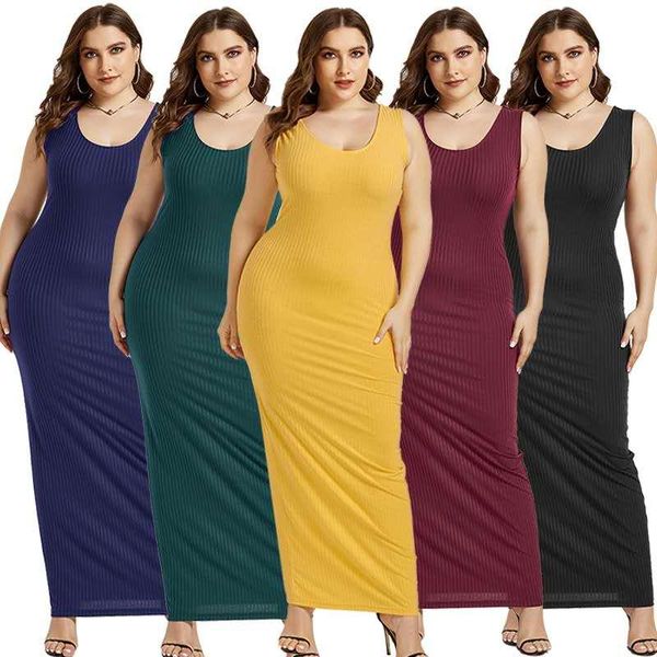

fashion plus size women clothing 5xl 2020 new summer polyester cotton u-neck solid color long skirt sleeveless simple dresses, Black;gray