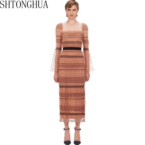 

casual dresses self portrait mesh dress women 2021 spring summer square collar polka dot maxi long bodycon runway designer, Black;gray