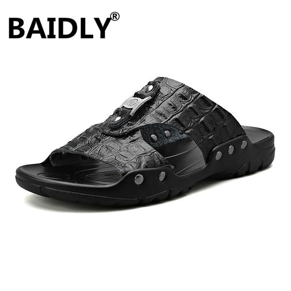

shoes men chaussure homme fashion men beach sandals anti slip casual mens sandals cow leather summer, Black