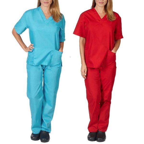 

38# men women nursing working uniforms set short sleeve v-neck +pants nursing working uniform set suit +pant clothes, Gray