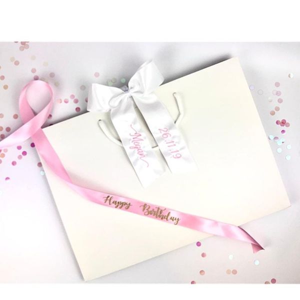 

gift wrap personalised white embroidered large bag with bow ribbon tag custom bride to be birthday wrapping