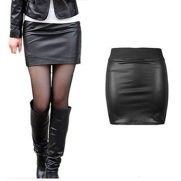 

new women ladies solid high waist bodycon faux leather wet look black mini skirt