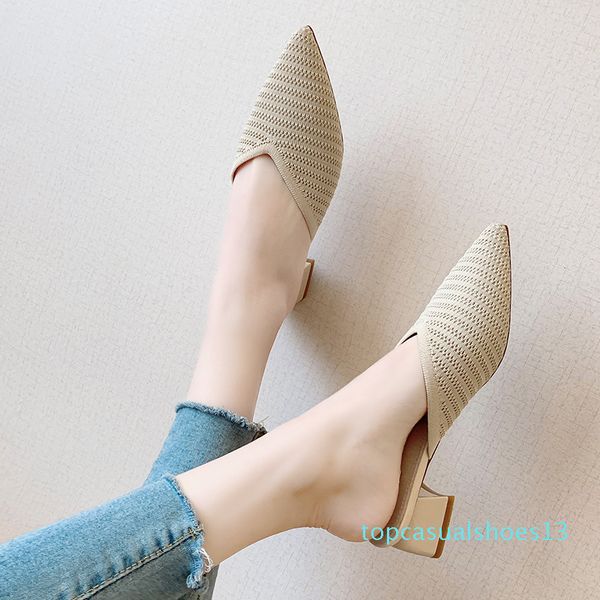 

2020 women mules black slides female thick block heels beige slippers summer high heels luxury pointed toe green shoes t13