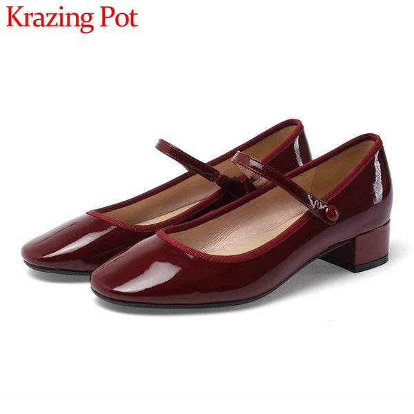 

krazing pot classic vintage mary janes genuine leather ladies shoes med heels round toe sweet solid buckle women cozy pumps l00, Black