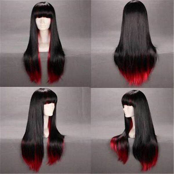 

fashion lady black+red cosplay womens long straight full heat resistant hair wig