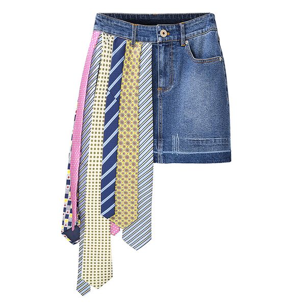 

korean-style woman skirt women's 2020 early autumn new high waist slim irregular necktie stitching denim skirt lady skirts jupe, Black