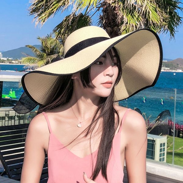 

women's korean style fashionable straw foldable summer straw beach sun hat sunscreen big edge women's sun hat, Blue;gray