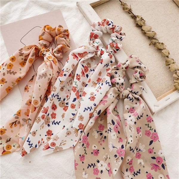 

2020 chiffon bowknot floral hair scrunchies fashion women ponytail holder tie hair elastic rubber bands accessories
