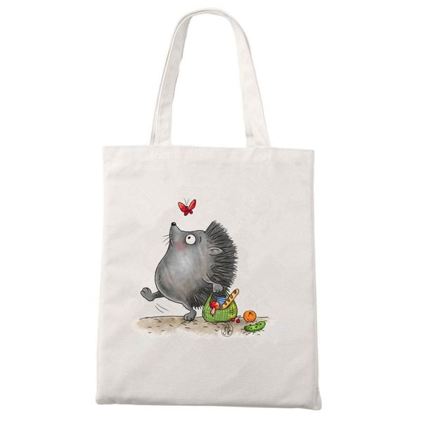 

new arrival canvas tote large capacity handbags animal cute cartoon hedgehog painting students shoulder bag eco reusable bags