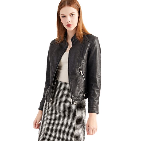 

pu leather slim jackets women new autumn casual stand collar zipper pocket plush faux soft leather outwear slim biker black coat