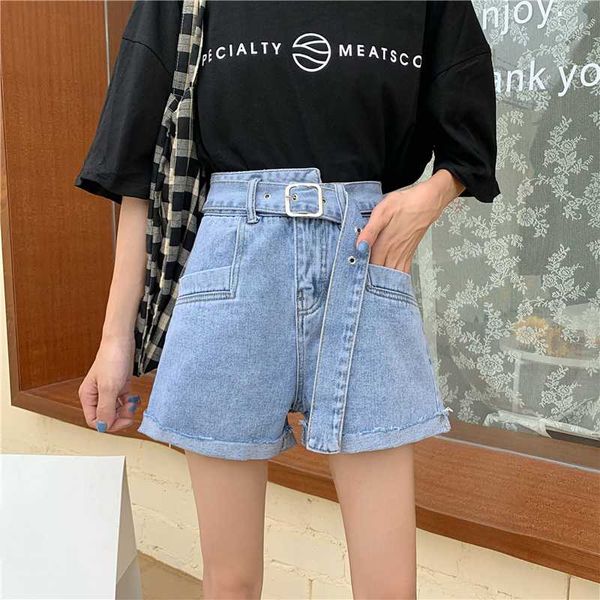 

new summer denim shorts women vintage crimping washed denim shorts fashion belt loose high waist pants female, Blue