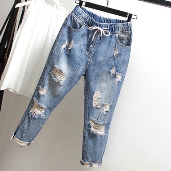 

large size women's wear 2020 summer new fat mm plus fat plus loose and jeans slimming ankle-length pants washed hole jeans, Blue