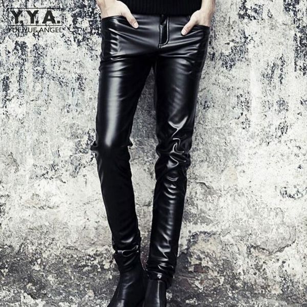 

punk mens slim fit trousers motorcycle skinny faux leather pencil pants fashion black full length pu leather pants ing