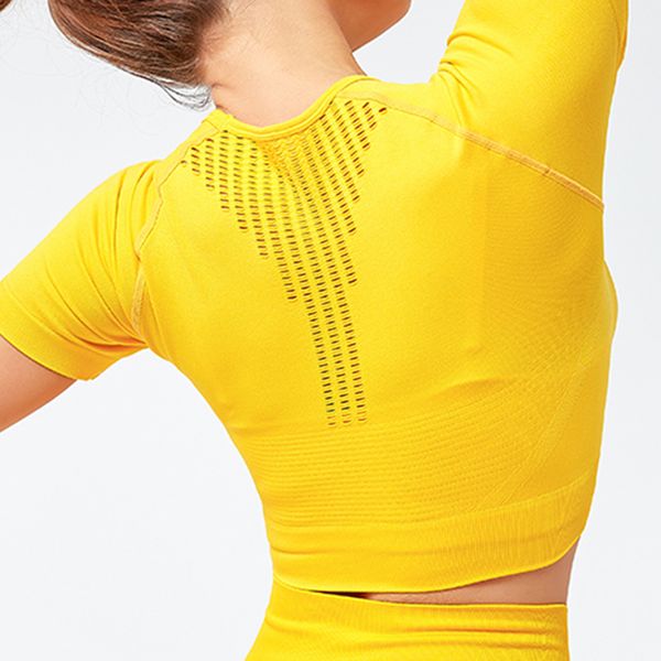 

stretchy plain seamless sport fitness crop shirts women back hollow out slim workout athletic short-sleeved, White;red