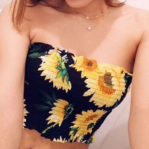

women boob floral ruched printed tube sunflower bustier sheer crop wrapped vest 2020 fashion off shoulder bandeau tank top, White