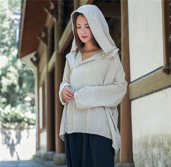 

small warm warm coat design artistic loose hooded linen coat ethnic style women's top, Tan;black