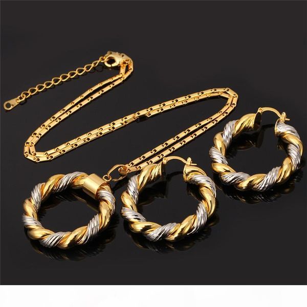 

2015 two-tone gold necklace set platinum 18k real gold plated trendy pendant necklace hoop earrings women jewelry set, Silver