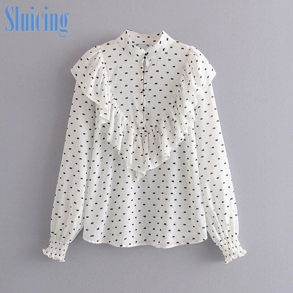 

sluicing fashionable and elegant 2020 summer chiffon shirt women's casual printed ruffle blouse long sleeve women's shirt, White
