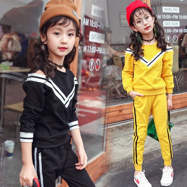 

2019 new sports suit girls' autumn clothes long sleeve medium and large children's v-neck two-piece cotton children's wear