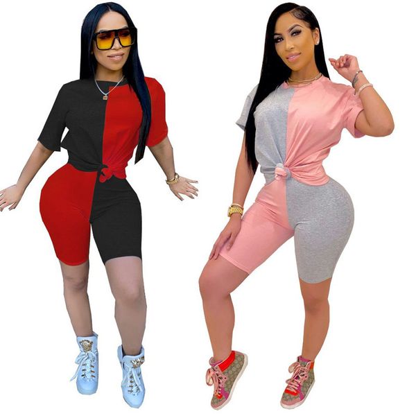 

2020 new women color patchwork running suit tracksuit set short sleeve high waist shorts seamless fitness sportswear, Black;blue