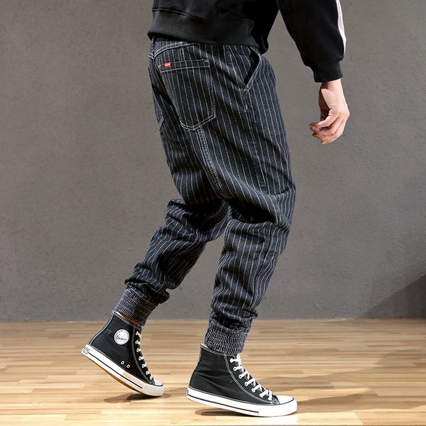 

japanese style fashion men jeans stripe designer loose fit cargo pants hombre slack bottom streetwear hip hop joggers jeans men, Blue