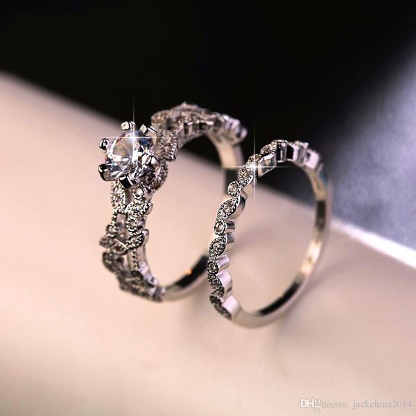 

drop shipping luxury jewelry couple rings 925 sterling silver round cut white z couple rings cz diamond flower wedding ring, Slivery;golden