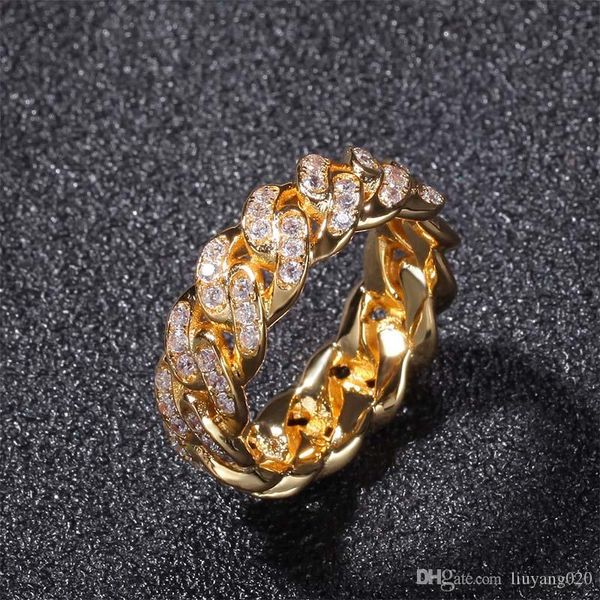 

hip hop men's iced out bling cuba chain ring male gold/silver color full crystal zircon wedding engagement rings for men jewelry 8/9/10