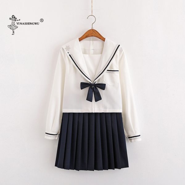 

autumn summer japanese school uniform for girl cute short/long-sleeve sailor pleated skirt full set cosplay jk suit series, White