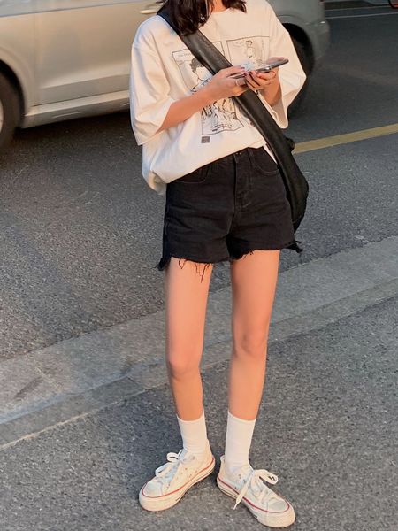 

2020 new large size women's loose slimming wide leg black high waist burrs denim shorts and shorts, Blue