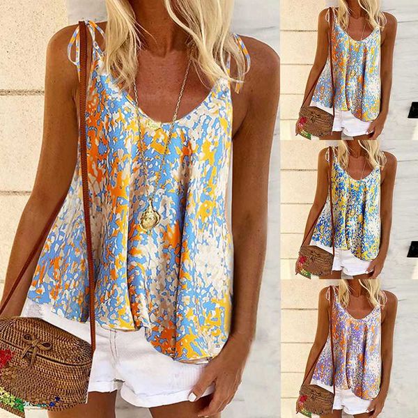 

2020 print vest tshirt women summer bandage halter tee bohemian beach floral sleeveless v neck tank ladies t shirt, Black;blue