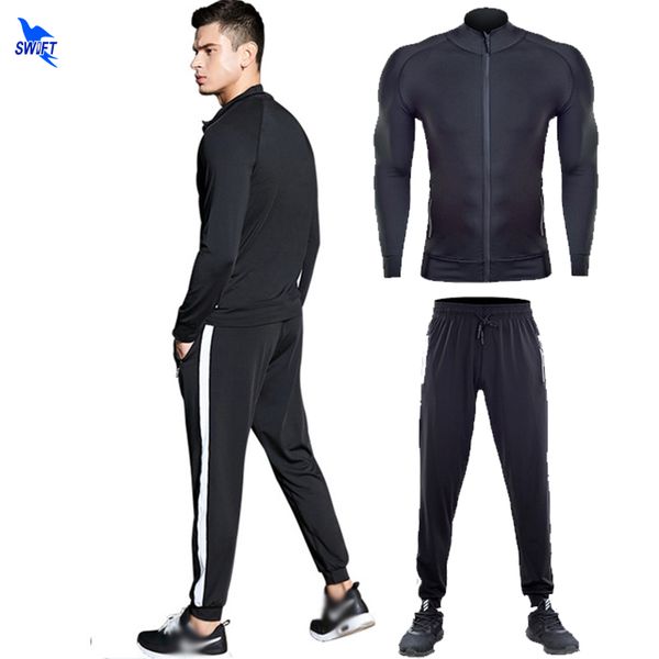 

2020 spring running set men sport suit sportswear quick dry fitness training warm winter tracksuit zipper pocket jogging clothes, Black;blue