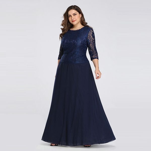 

long plus size evening dress 3/4 sleeves lace chiffon formal party gown round neck autumn, White;black