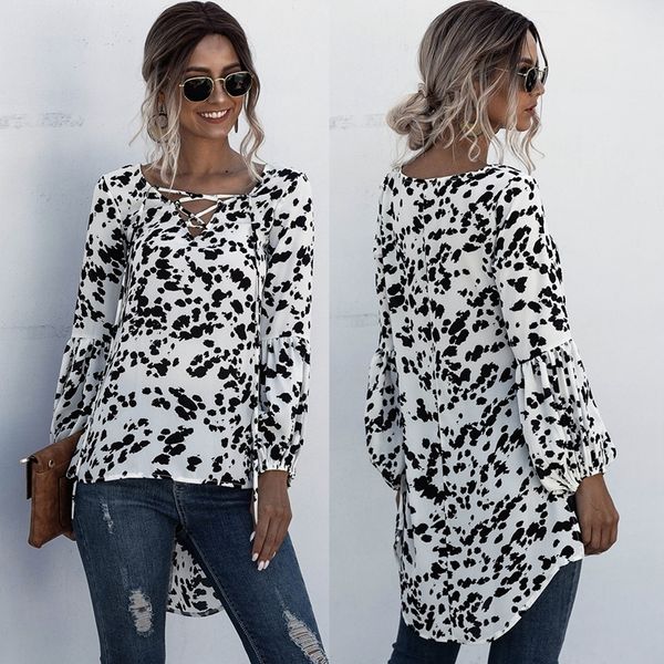 

женщины рубашки элегантный ретро leopard v-образным вырезом крест-laced printed split нерегулярное top shirt женская блузы, White