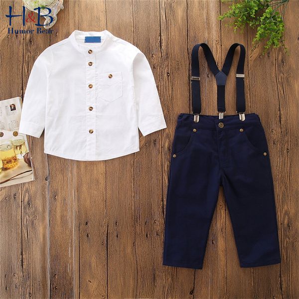 

humor bear boys children's suit spring & autumn kids gentleman long sleeve shirt +strap trousers overalls baby boys clothes set, White