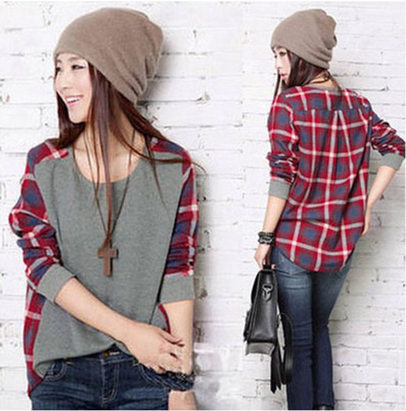 

new women casual basic plaid o-neck grid autumn t-shirt shirt tee full sleeve, White