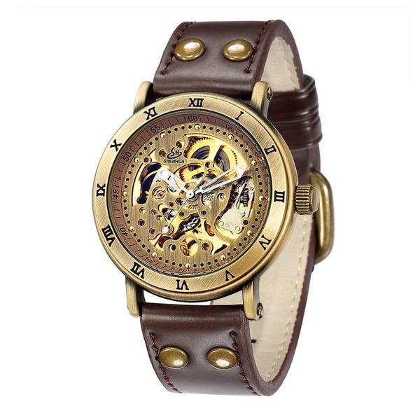

shenhua vintage bronze automatic watches men skeleton leather strap self-winding mechanical clock waterproof relogio masculino, Slivery;brown