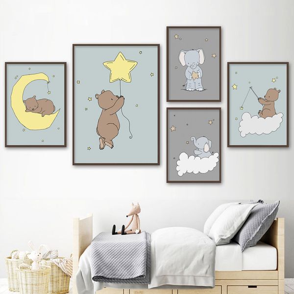 

cartoon moon elephant wall art canvas poster baby nursery kawaii sleeping bear painting picture kids bedroom decoration
