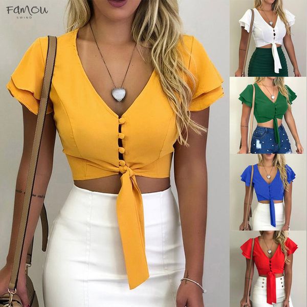 

summer ladies trumpet sleeves t shirt women casual solid color chiffon v neck button shirt 2020 new camiseta mujer, White