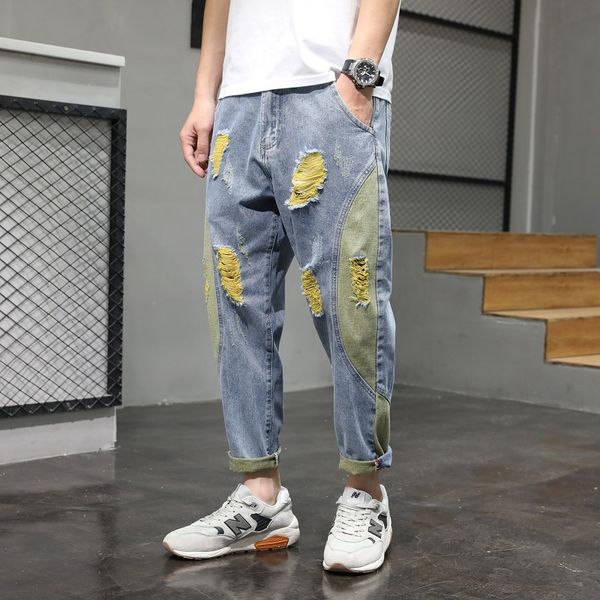

summer thin section beggar ripped jeans male japanese men loose big yards nine minutes of pants washed haroun pants, Blue