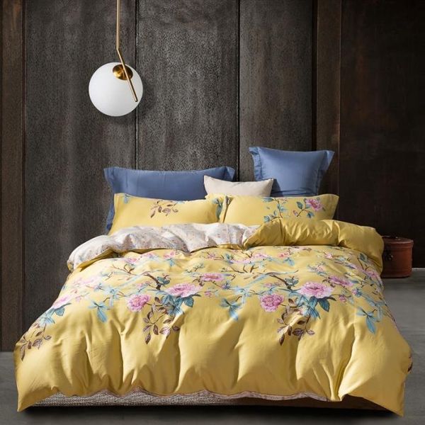 

silky egyptian cotton yellow chinoiserie style birds flowers duvet cover bed sheet fitted sheet set king size  bedding set