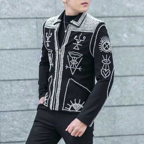 

2020 heavy beaded embroidered jacket men's slim fit casual jacket men coat nightclub master clothes performance club stage, Black;brown