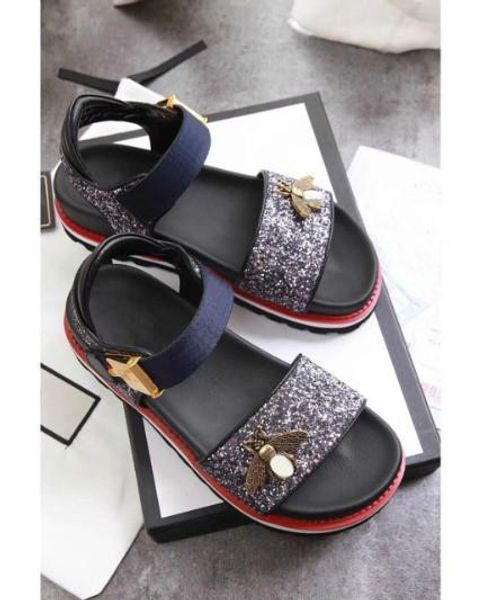 

new thick bottom leather word with band toe little bee women sandals female summer wild shoes comfortable european and american wave cs02, Black