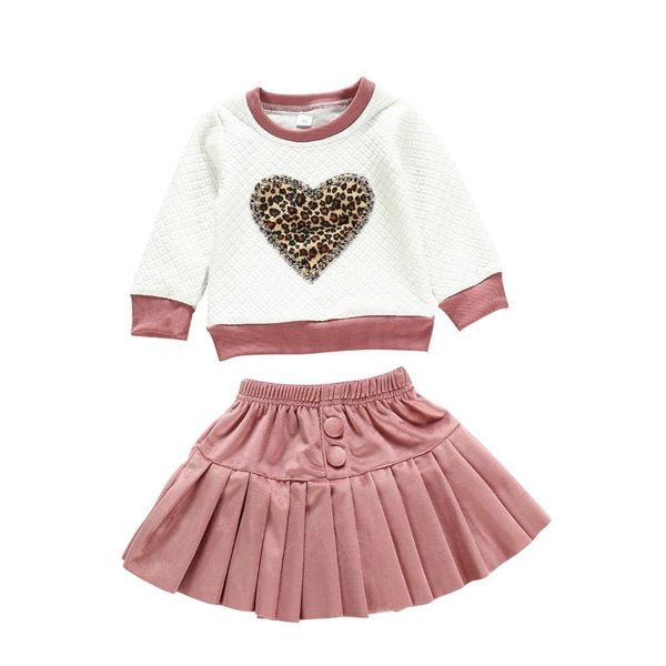 

bear leader 2-6t girls children autumn causal oufits animal print heart pattern and solid pleated skirt girls fashion suits, White